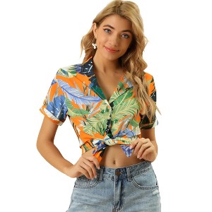 Allegra K Women's Hawaiian Floral Leaves Printed Short Sleeve Button Down Vintage Shirt - 1 of 4