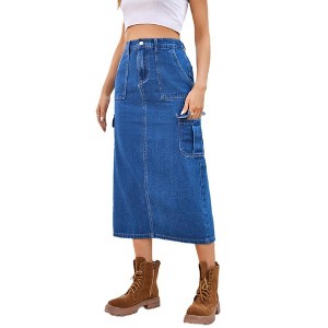 Clearlove Women's Elastic Waist Denim Skirt Long Denim Skirts Cargo Skirts Summer Long Slim Fit Jeans Long Maxi Denim with Back Slit - 1 of 4