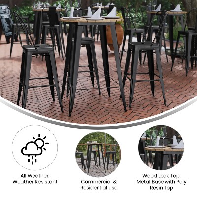 Declan 30" Round Brown Poly Resin Top Black Steel Bar Table
