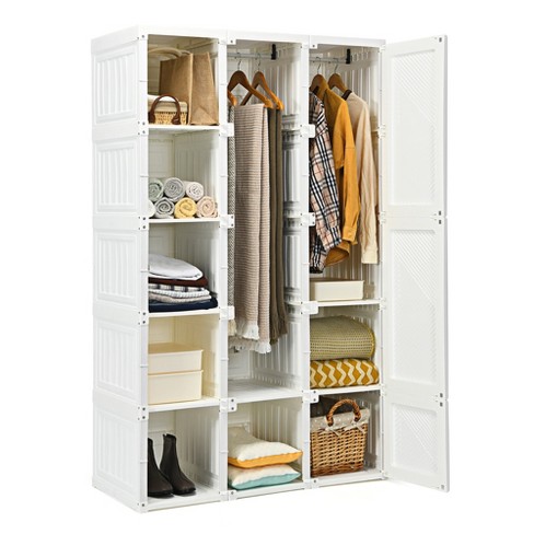 Wardrobe Storage Cabinet, Armoire Closet Organizer with Drawer and Hanging  Rod, White 