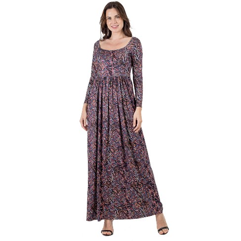 24seven Comfort Apparel Womens Fall Floral Long Sleeve Pleated Maxi  Dress-Purple Multi-S