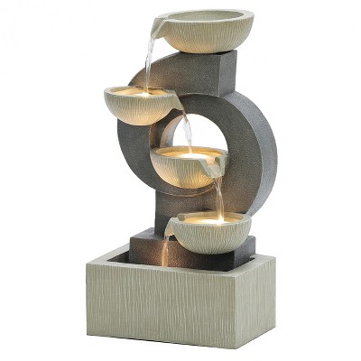 Gray and Cream Cascading Bowls Resin Outdoor Fountain with LED Lights