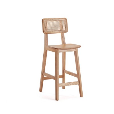 Set of 3 Natural Ash Wood and Cane Counter Stools