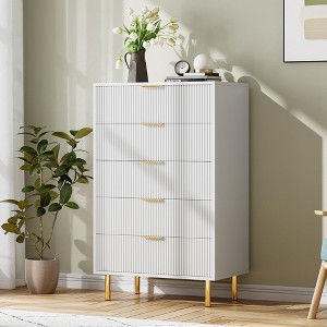 Fluted Wood 5-Drawer Dresser for Bedroom – 29.5" Wide Modern Chest of Drawers with Gold Handles - 1 of 4
