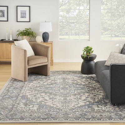 Ivory Blue Rectangular Persian Design 9' x 12' Synthetic Area Rug