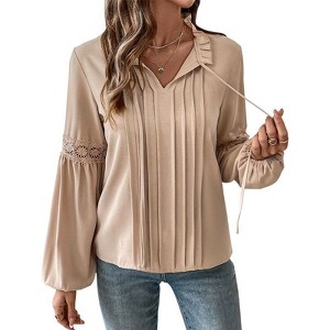 Coolmee Women Long Latern Sleeve Shirts Ruffle V Neck Pleated Tunic Top Business Dressy Casual Blouse Fall Fashion Outfits - 1 of 4