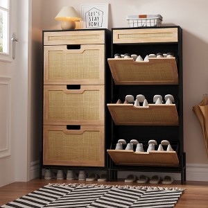 Natural Rattan 3 Flip Drawers Shoe Cabinet, Narrow Shoe Storage Cabinet with 3-Tier Adjustable Shelves, Freestanding Shoe Rack Organizer - 1 of 4