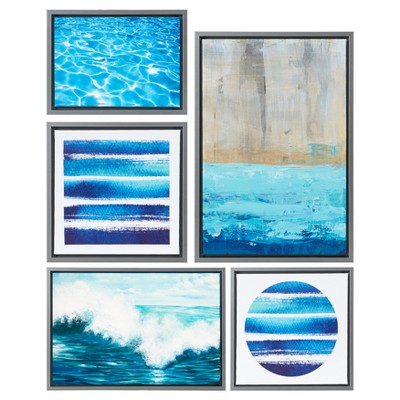 (Set of 5) Water Tide Framed Wall Canvas Blue