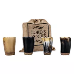 LORD'S ROCKS Viking Drinking Horn Shot Glass Set of 4 | 2-Ounce Authentic Oxhorn Shot Glasses with Reusable Bag