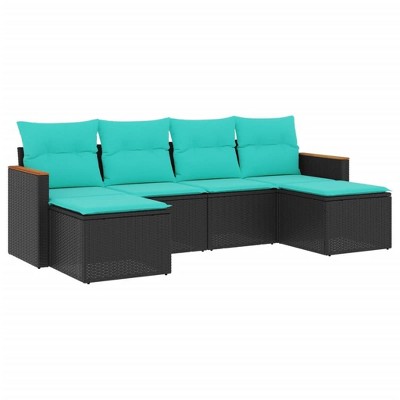 vidaXL 7 Piece Patio Sofa Set with Cushions Black Poly Rattan - Black and Blue Without Table