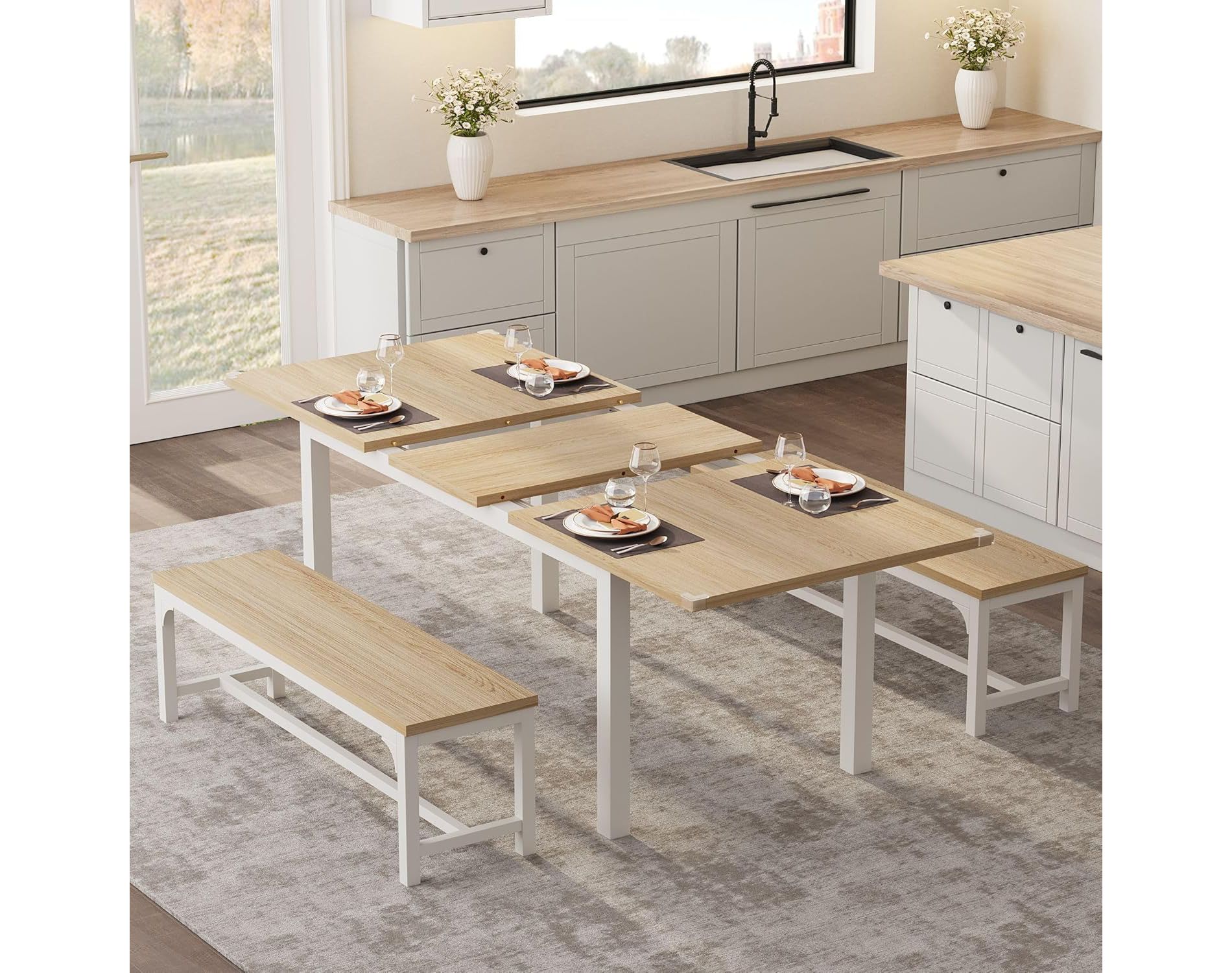 63'' Extendable 3-Piece Dining Table Set with 2 Benches for 4-6 People Mid-Century Breakfast Dinette Dining Room Table Set for 6