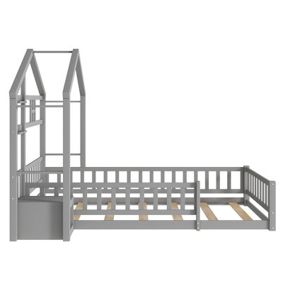 DOMETOUR Twin Size House Shape Headboard Floor Bed with Guardrails, Slats Support, Nightstand ,Gray