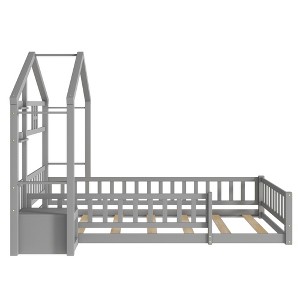 DOMETOUR Twin Size House Shape Headboard Floor Bed with Guardrails, Slats Support, Nightstand ,Gray - 1 of 4