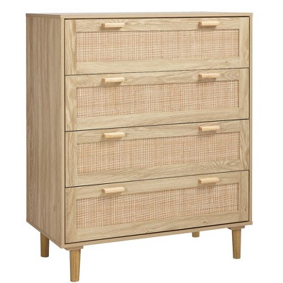 Finnhomy 4 Drawer Dresser for Bedroom 35.43” Wide Wooden Bedroom Dressers with Drawers, Rattan Dresser