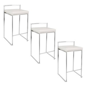 LumiSource Set of 3 Fuji Stacker Counter Height Barstools Stainless Steel/White PU - 1 of 4