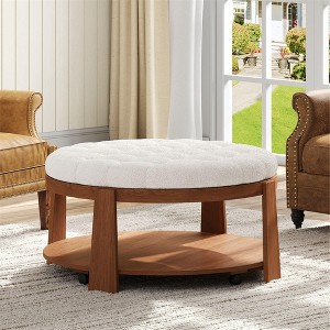Okak Large Round Ottoman Coffee Table 2-Tier Button Tufted Upholstered Coffee Table with Shelf Storage for Living Room/Office, Space-Saving - 1 of 4