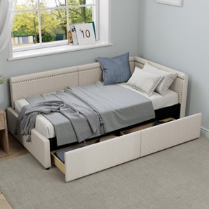 GDFStudio Carol Modern Twin Size L-Shape Corner Daybed with Linen Upholstery and Two Storage Drawers - 1 of 4