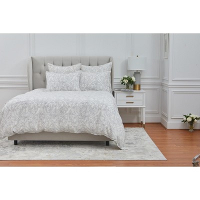 Carolina Queen Gray Damask Cotton Linen Duvet Cover