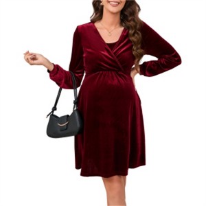 Clearlove Women's Velvet Maternity Nursing Dress Stretchy Breastfeeding Gown Elegant Bump Flowy Maxi - 1 of 4