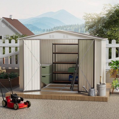 10x8 FT Outdoor Metal Garden Shed,Large Backyard Storage Shed with Hinge Door and Foundation,Metal Tool Shed with 4 Ventilations-Coolbibila