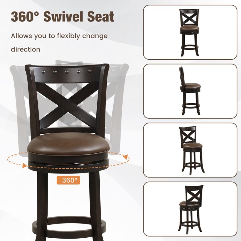 Costway 26'' Swivel Bar Stool Counter Height PU Leather Seat Rubber Wood Legs Footrest, 4 of 9