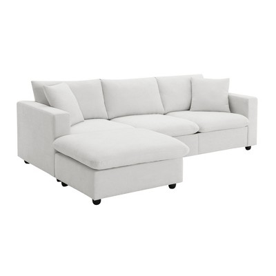 Modern Sectional Sofa with Movable Ottoman and Throw Pillows in White, L-Shaped Couch for Living Room or Apartment