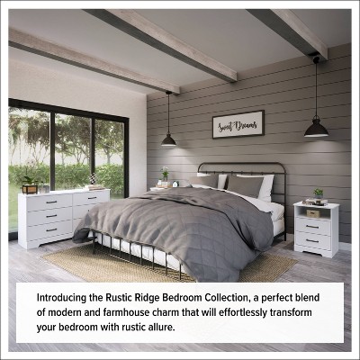 Rustic White 3-Drawer Farmhouse Nightstand with Black Handles