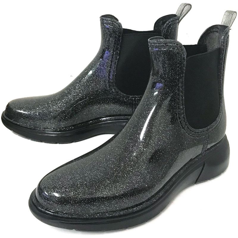 Women's Short Rain Boots Glitter Elastic Ankle Chelsea Booties, Black-5
