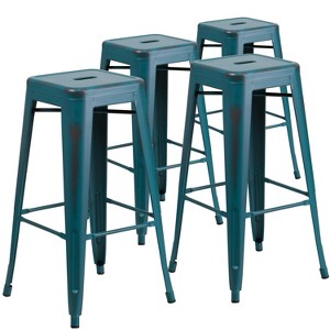 Emma and Oliver Commercial Grade 4 Pack 30" High Backless Distressed Metal Indoor-Outdoor Barstool - 1 of 4