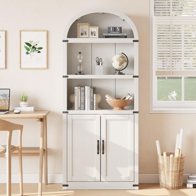 Bookcase with Doors Arched Bookshelf 71.65in Tall Bookcase Farmhouse Cabinet with Shelves