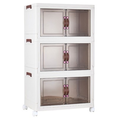 QingMoon 4 Tier Foldable Storage Cabinet, Stackable Plastic Organizer with Magnetic Doors and Wheels for Closet, Bedroom, Dorm and Office