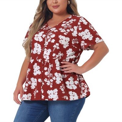 Agnes Orinda Women's Plus Size Floral V Neck Ruffle Hem Button Short Sleeve Peplum Blouses