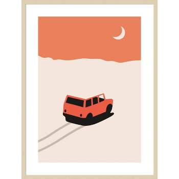 31" x 41" Red Car in Desert with Moon by Bodflorent Wood Framed Wall Art Print - Amanti Art