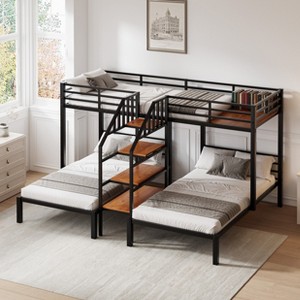 Metal Twin over Twin & Twin Bunk Bed, Triple Bunk Bed with Storage Shelves Staircase - ModernLuxe - 1 of 4