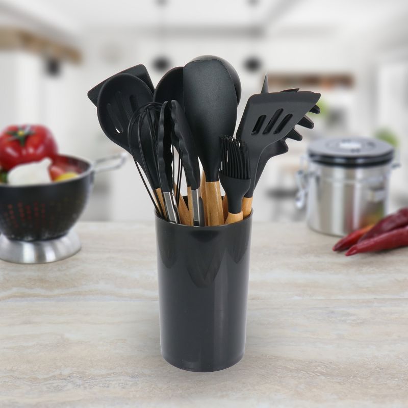 MegaChef 12 Piece Black Silicone and Wood Cooking Utensils Set, 4 of 10