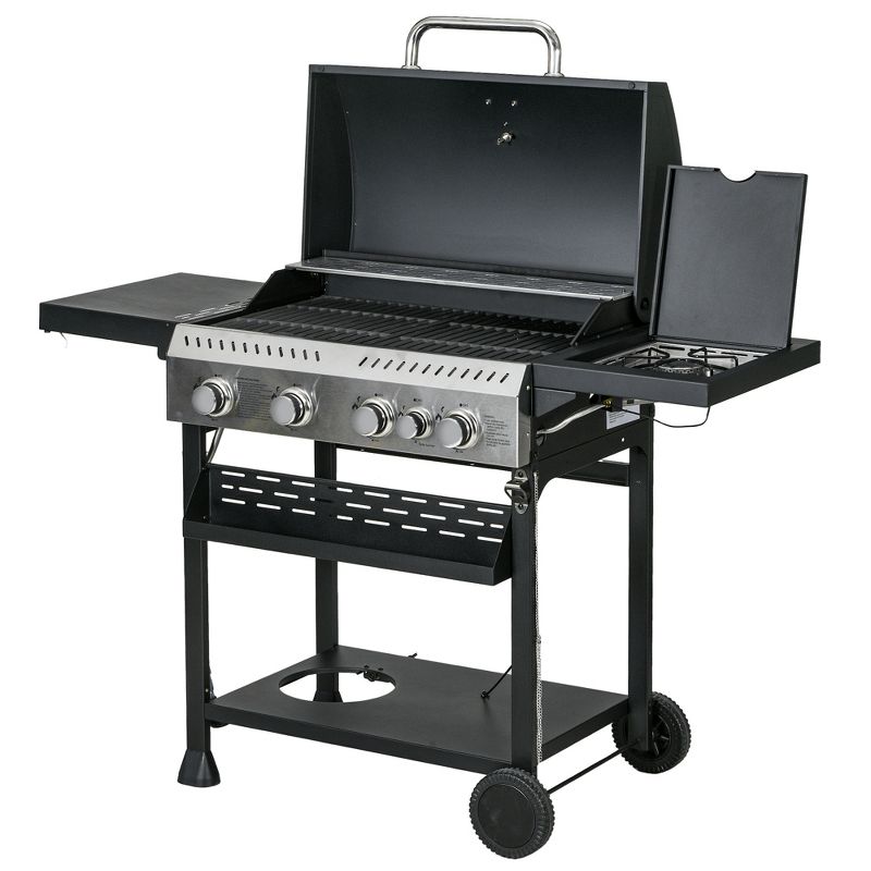 Outsunny 4 Burner Propane Gas Grill with Side Burner, 40,000 BTU Outdoor Barbeque with Shelves, Thermometer, Bottle Opener, Black, 4 of 7