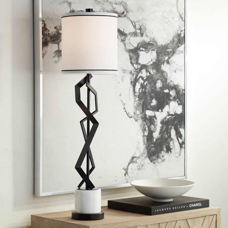 Possini Euro Design Modern Buffet Table Lamp 35 3/4" Tall Sculptural Black Geometric Metal White Drum Shade for Bedroom Living Room Dining, 2 of 10
