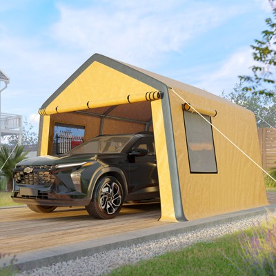 AMERLIFE 12x12x9 FT Portable Storage Shed, Large Outdoor Shed with 2 Windows & Roll-up Door, Carport, Yellow & Silver