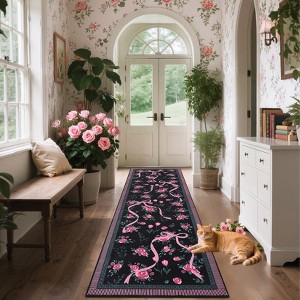 Floral Rugs for Living Room Bedroom Washable Bow Pattern Area Rug Non Slip Low Pile Indoor Home Decor Carpet - 1 of 4