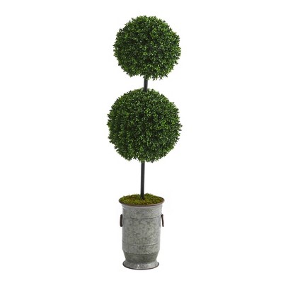 Nearly Natural 50" Indoor/Outdoor Boxwood Double Ball Artificial Topiary Tree in Vintage Metal Planter