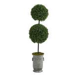 50" Indoor/Outdoor Boxwood Double Ball Artificial Topiary Tree in Vintage Metal Planter - Nearly Natural