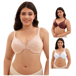 INSPIRE CHIC 3 Pcs Women's Front Closure Lace Trim Underwire Adjustable Straps Plunge Bras - 1 of 4