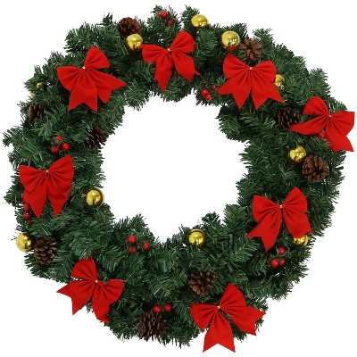 Sunnydaze Indoor/Outdoor Artificial Unlit Christmas Holiday Wreath with Red Bows, Gold Baubles, and Pinecones - 24" - Green