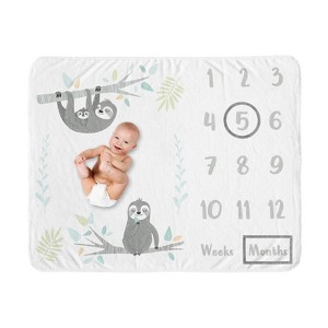 Sweet Jojo Designs Gender Neutral Baby Milestone Blanket Sloth Blue Grey and White - 1 of 4