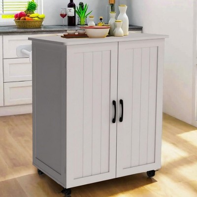 Okak Small Kitchen Island with Storage, Kitchen Cart with Barn Door and Wheels, Rolling Kitchen Island for Dining Room, Kitchen, Living Room, White
