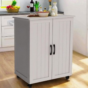 Okak Small Kitchen Island with Storage, Kitchen Cart with Barn Door and Wheels, Rolling Kitchen Island for Dining Room, Kitchen, Living Room, White - 1 of 4