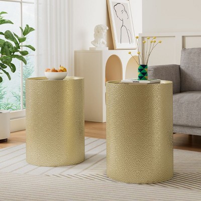 Modern Gold Metal Round Coffee Table End Tables,Coffee Table Low,Tall Side Table,Accent Table With Hammered Surface-Cuddlewood