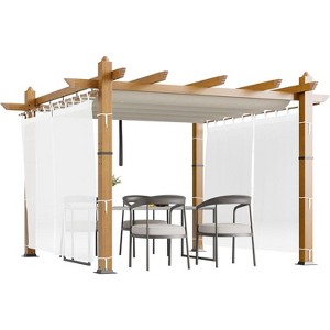 Retractable Outdoor Pergola, Weatherproof Aluminum Frame with Adjustable Blue Canopy & 4 White Curtains, Wood-Look Patio Shelter - 1 of 4