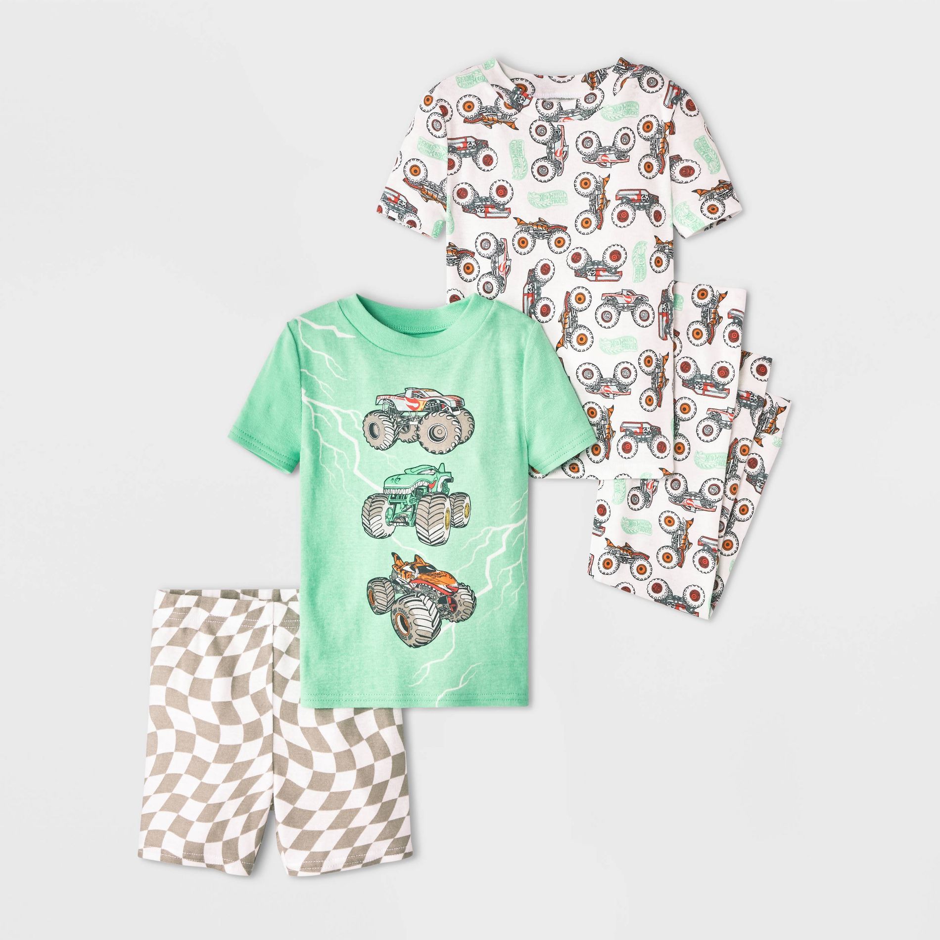 Toddler Boys' 4pc Hot Wheels Cotton Pajama Set - Mint Green