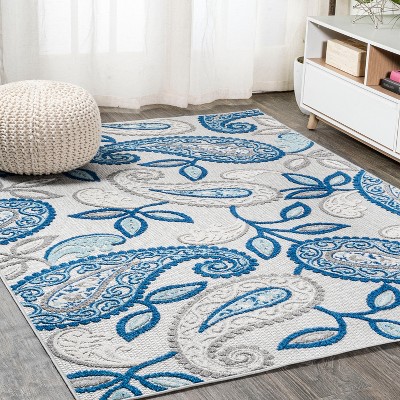Boho Paisley Blue and Light Gray Synthetic 3x5 Indoor/Outdoor Rug